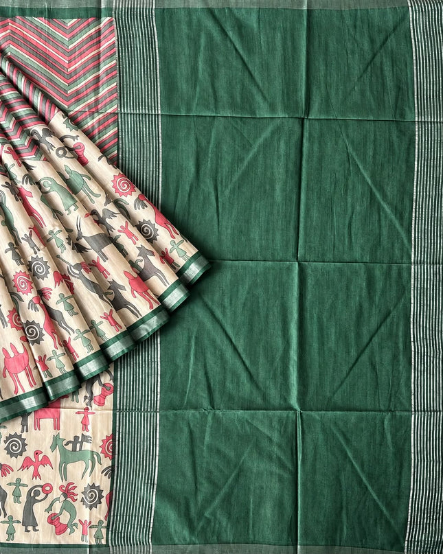 Semi Tusser Saree with Zig Zag Print and Warly Print and contrast Border -Green