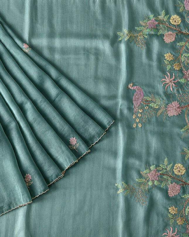 Soft Orznga Saree with Applique work And Ari Work with Scallop Border -  Sage Green