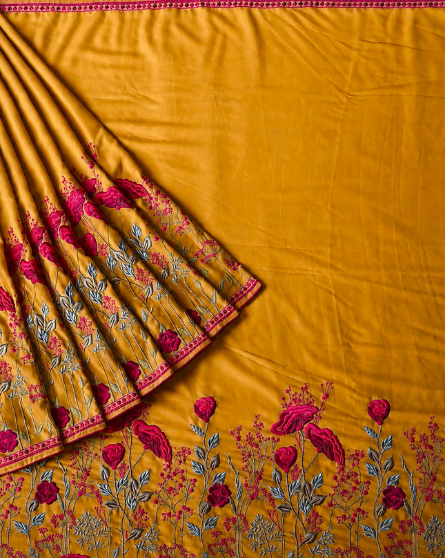 Georgette Saree With Thread Embroidery Work and Piping Border - Mustard