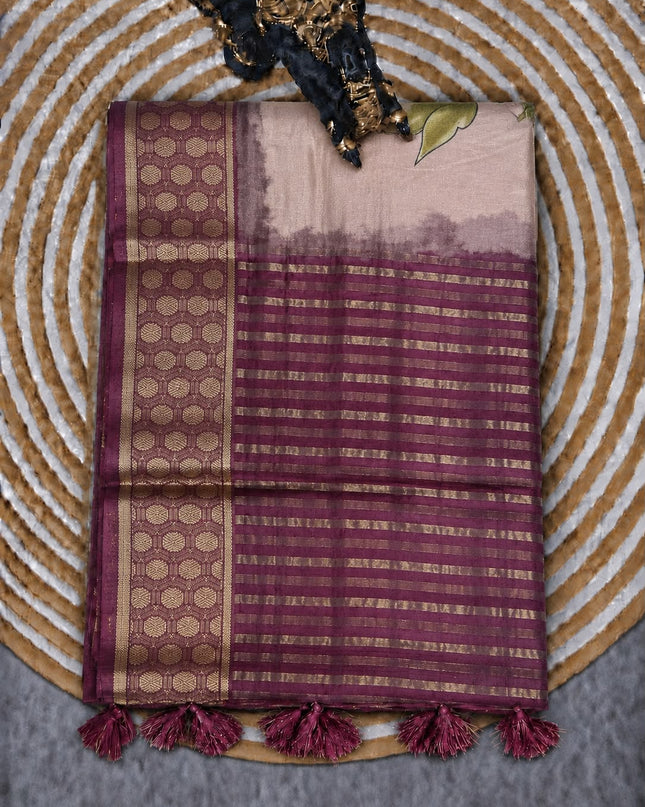 Mysore Crape Saree with Kalamkari Print Contrast  Border - Cream & Light Pink