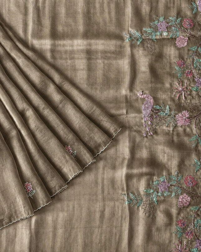 Soft Orznga Saree with Applique work And Ari Work with Scallop Border - Beige