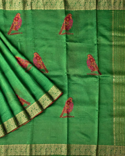 Tissue Banaras saree  with petti point work and Golden Border - Green