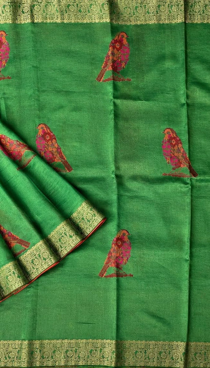 Tissue Banaras saree  with petti point work and Golden Border - Green