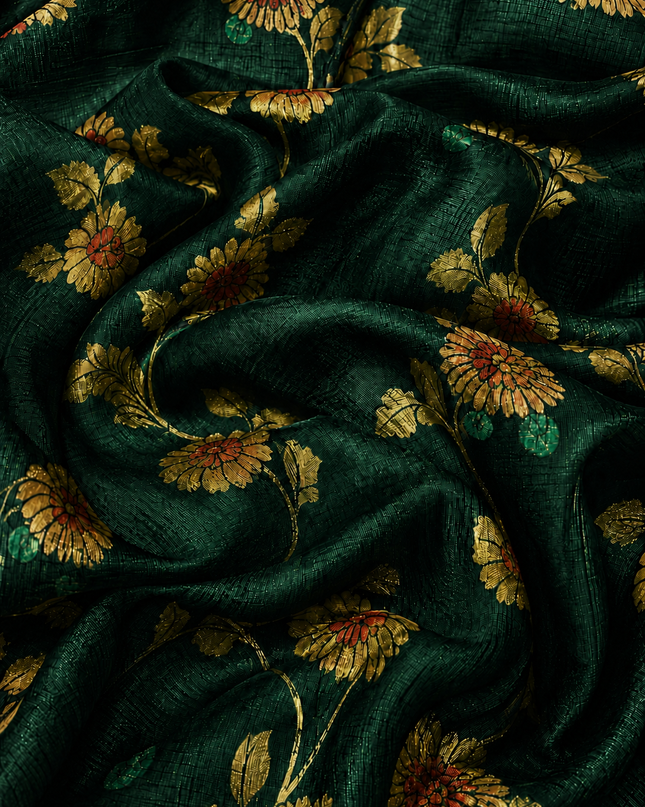 Kora Tusser kalmkari Sarree  With  Dori work and  Golden Border-  Bottle green
