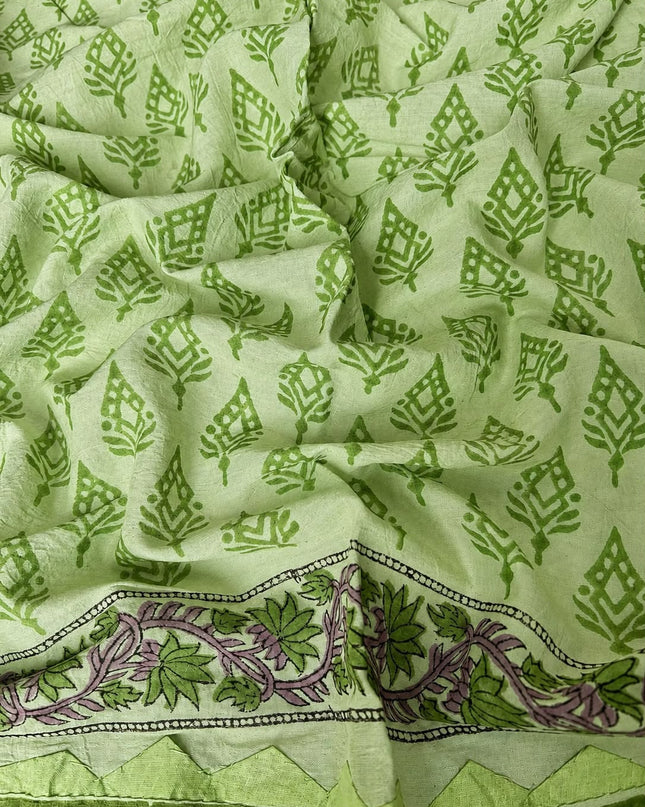 Mul Cotton Saree with Hand Block Print and Applique  Border- Green