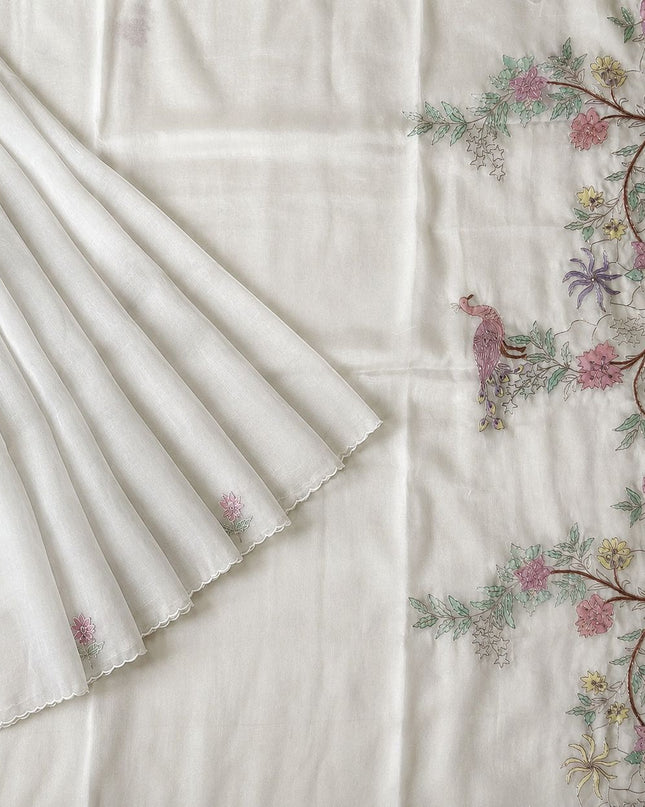 Soft Orznga Saree with Applique work And Ari Work with Scallop Border - Off White