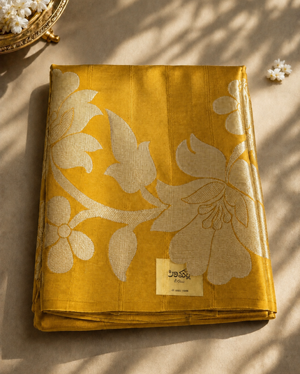 Kora Organza Saree with Jamdani Weaving and Self Border  -Mustard