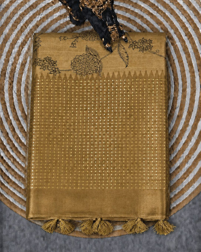 Tusser Silk saree with Floral Print -Tan
