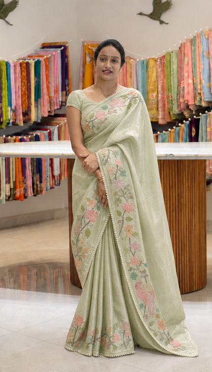 Satin Silk Saree With  Self Embroidery Design Border - Green