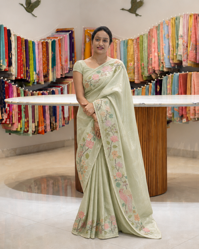 Satin Silk Saree With  Self Embroidery Design Border - Green
