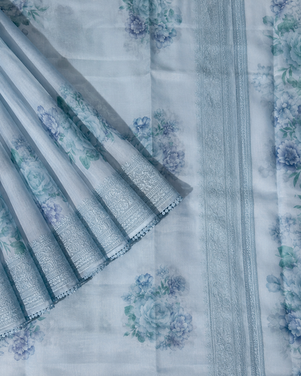 Silk Kota Saree with Floral Print and Thread Embroidery work Border with Lace -Light Blue