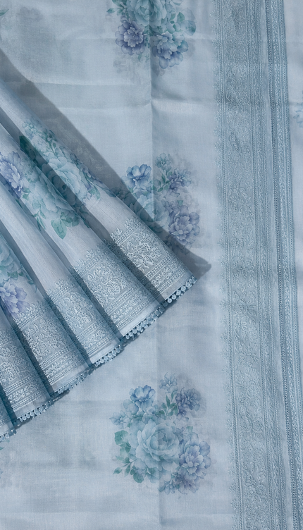 Silk Kota Saree with Floral Print and Thread Embroidery work Border with Lace -Light Blue