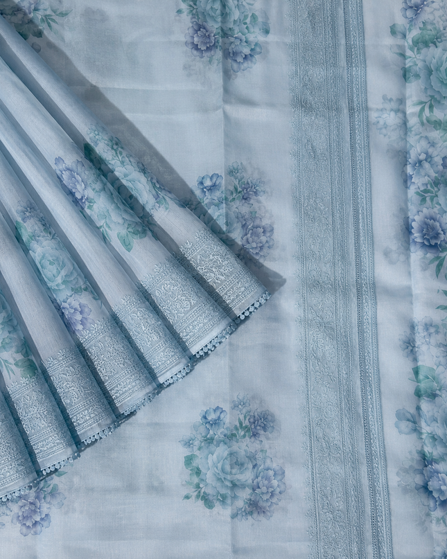 Silk Kota Saree with Floral Print and Thread Embroidery work Border with Lace -Light Blue