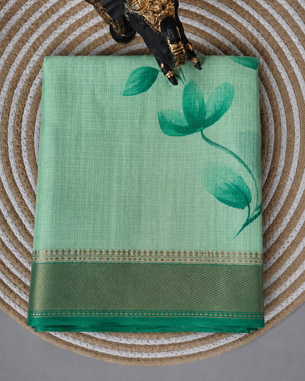 Munga Silk Saree With Floral Print and Kaddi Border -  Rama Green