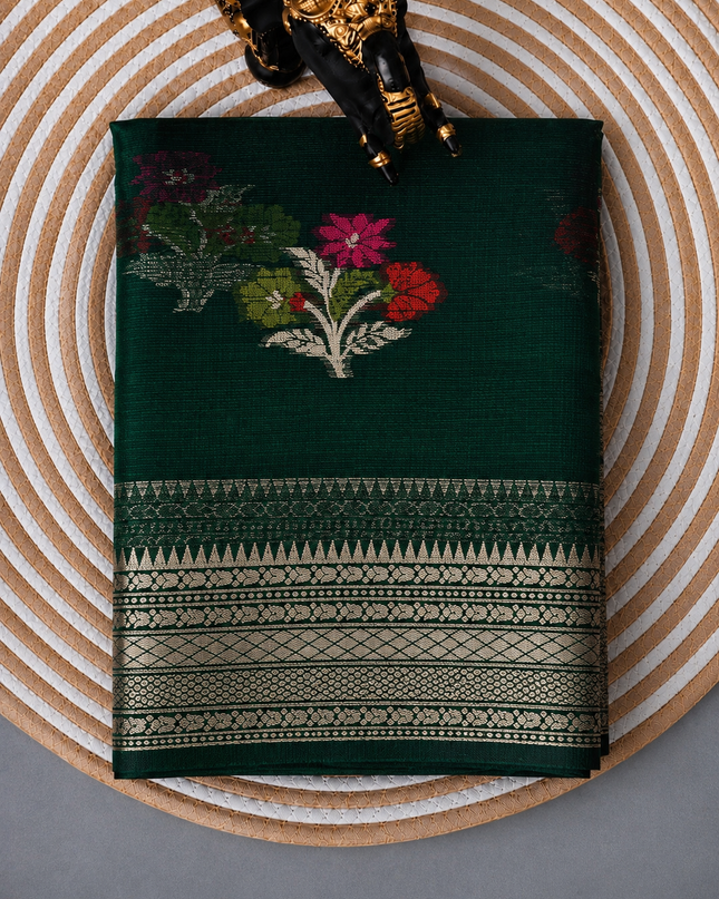 Kota Silk Saree with All over Thread Weaving Flower Butties and Golden Border - Green