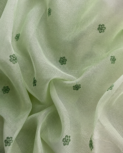 Silk Kota Saree with Floral Print and Thread Embroidery work Border with Lace - Green