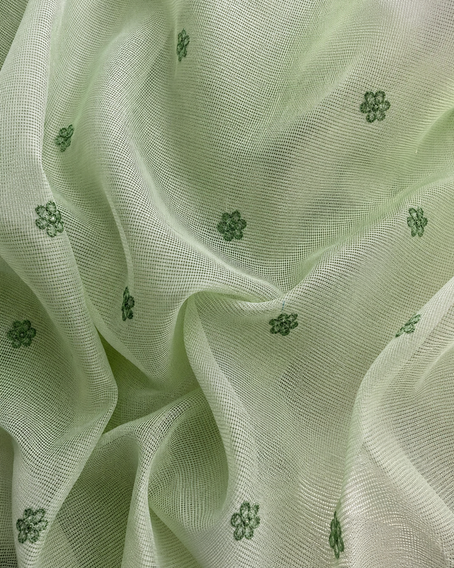 Silk Kota Saree with Floral Print and Thread Embroidery work Border with Lace - Green