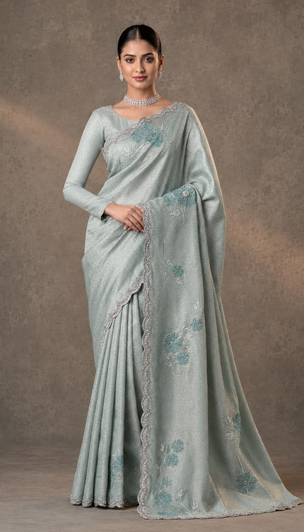 Munga Banaras Saree With Self Weaving Kardhana Sequence Work Scallop Border- Sea Blue