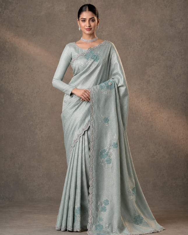 Munga Banaras Saree With Self Weaving Kardhana Sequence Work Scallop Border- Sea Blue