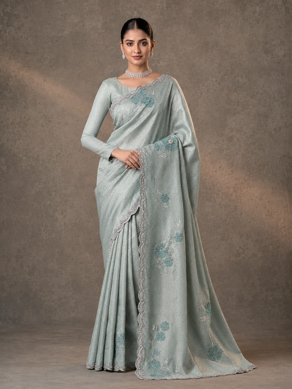Munga Banaras Saree With Self Weaving Kardhana Sequence Work Scallop Border- Sea Blue