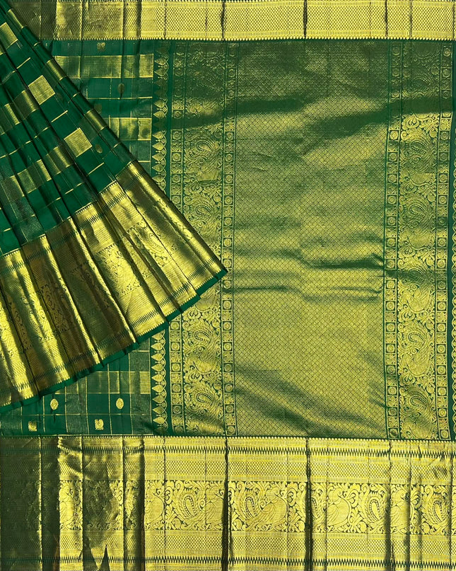 Pure Kanchi Pattu Saree With Allover Stripes Design and Rudraksh Peacock Motifs and Golden Border - Green
