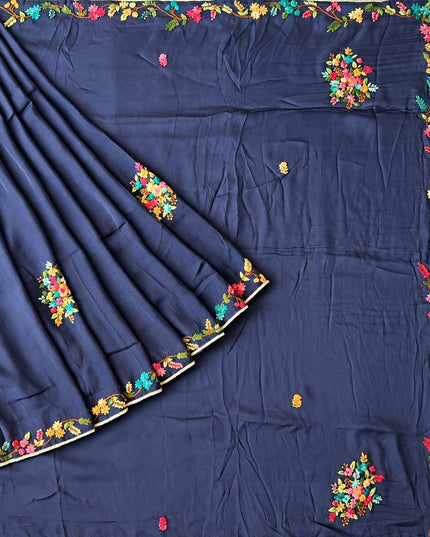 Russian Silk Saree with  Kantha Work - Navy Blue
