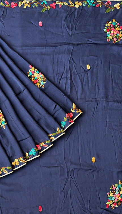 Russian Silk Saree with  Kantha Work - Navy Blue