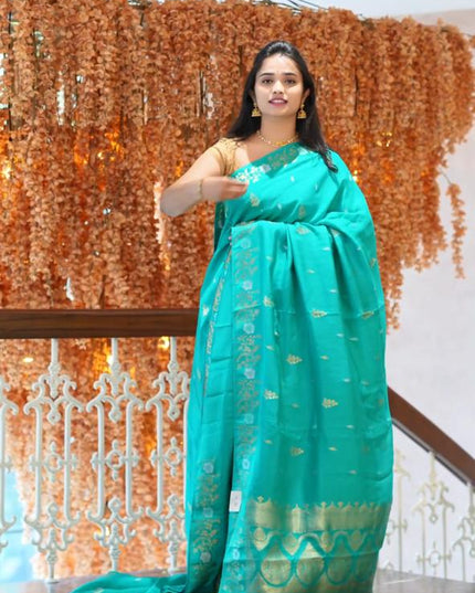 Manipuri kota  Gold and silver  Zari weaving Buttis  with Banaras Border -Sea Green