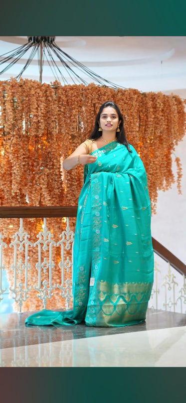 Manipuri kota  Gold and silver  Zari weaving Buttis  with Banaras Border -Sea Green