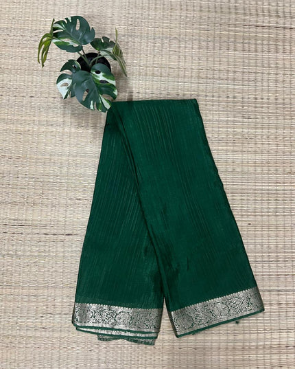 Koren Crepe Saree With All Over Checks Design and Flower Design Border - Bottle Green