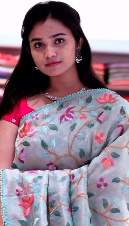 Tissue Organza Saree  All Over Thread  Work Embroidery Work With Lace Bordar -Sea Green