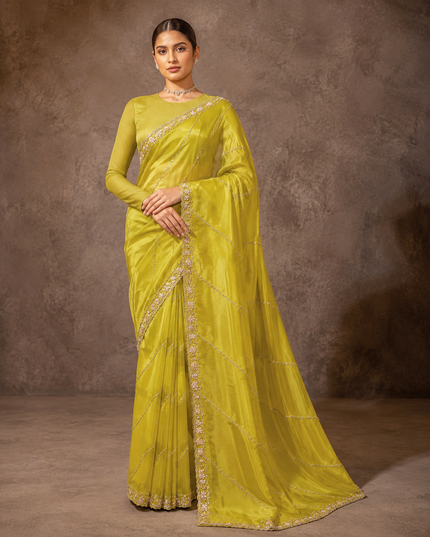 Tissue Crepe Saree Kardhana Sequence Work and Scallop Border - Lemon Yellow