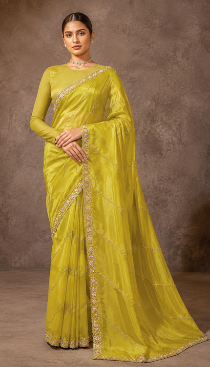 Tissue Crepe Saree Kardhana Sequence Work and Scallop Border - Lemon Yellow