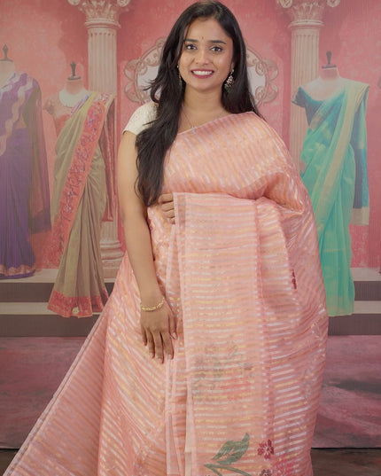 Soft Organza saree with Gold & Silver lines and Embroidery Thread work