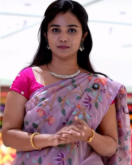 Tissue Organza Saree  All Over Thread  Work Embroidery Work With Lace Bordar -Lavender