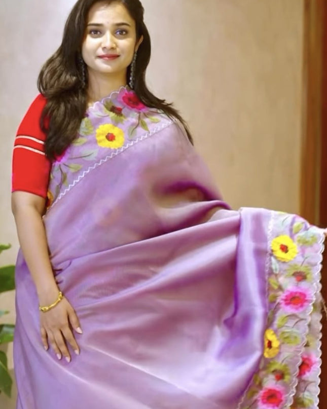 Soft tissue Organza saree with Thread work and scallop border - Lavender