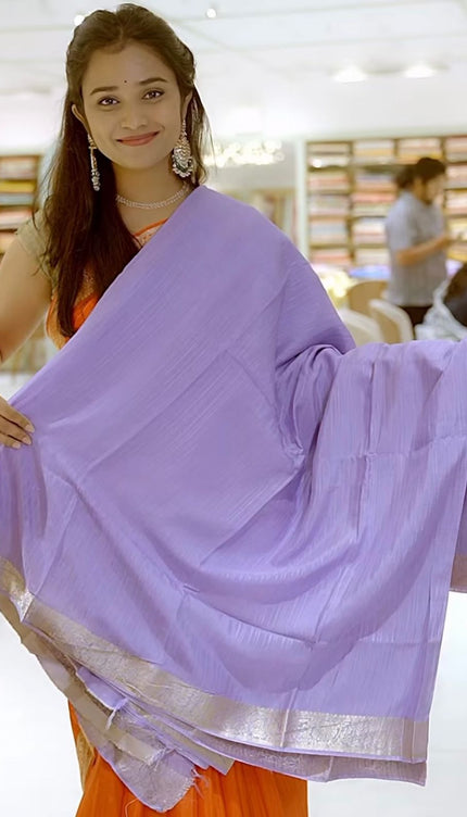 Koren Crepe Saree With All Over Checks Design and Flower Design Border - Lavender