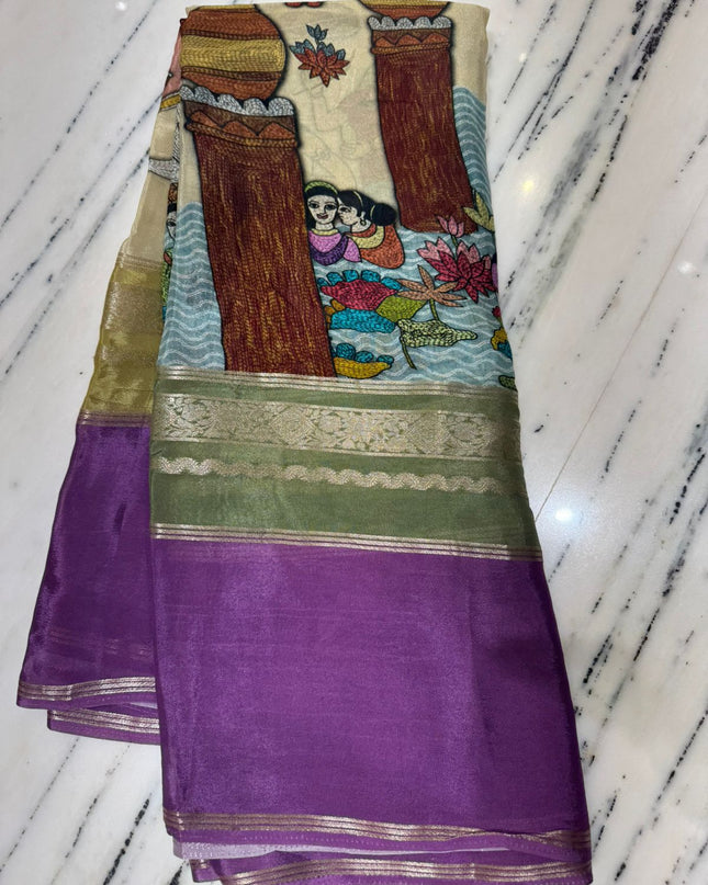 Chiffon Georgette saree with Floral Digital Print -Light Green