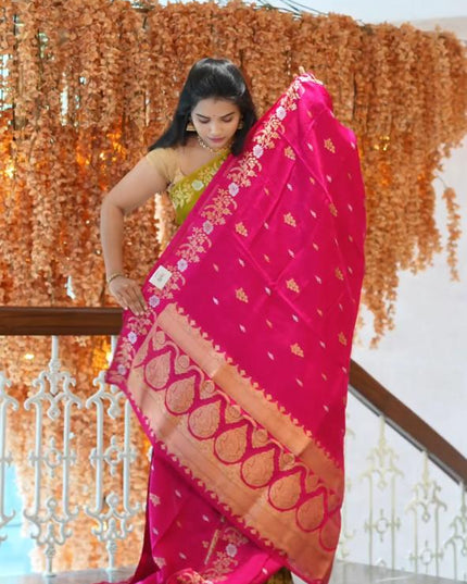 Manipuri kota  Gold and silver  Zari weaving Buttis  with Banaras Border -Rani Pink