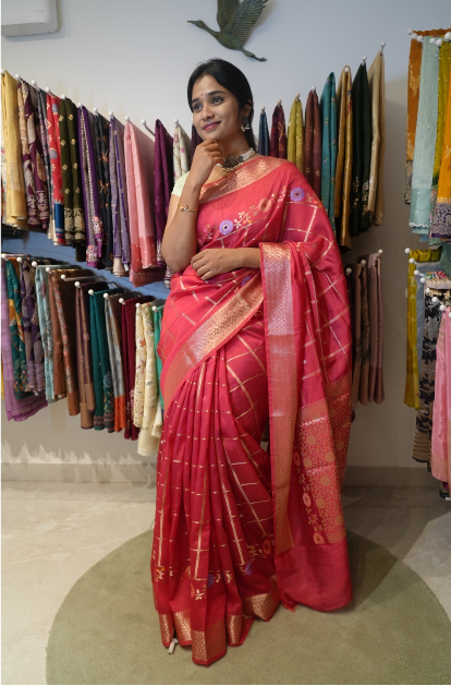 chiniya silk saree with zari checks, meenakari work &zari border-magenta pink