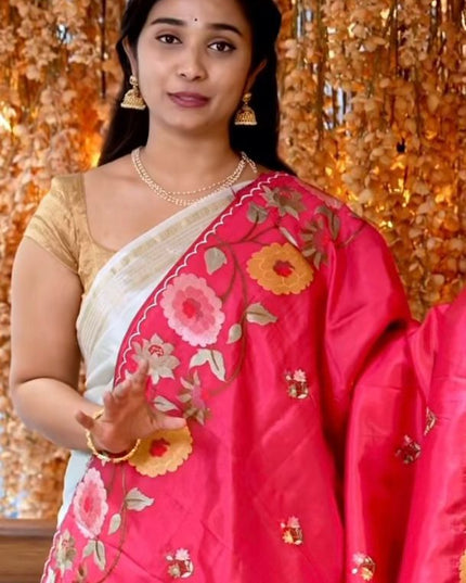 Dupion Saree with Thread  Work and Scallop Border-Maroon