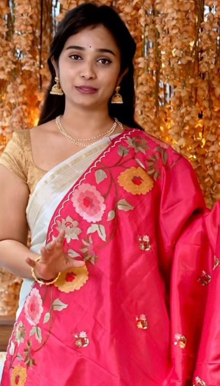 Dupion Saree with Thread  Work and Scallop Border-Maroon