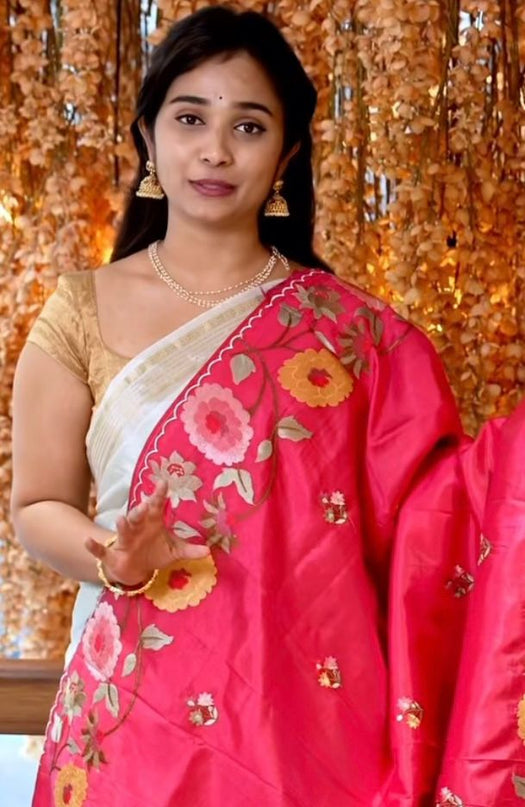 Dupion Saree with Thread  Work and Scallop Border-Maroon