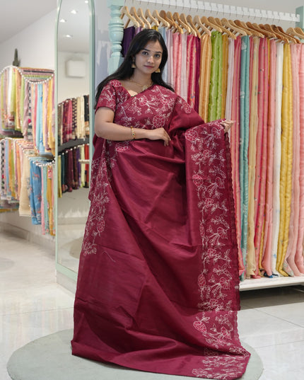 Tusser silk saree with applique and pitta work with scallop border-maroon