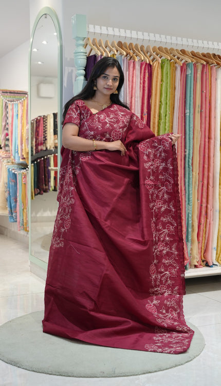 Tusser silk saree with applique and pitta work with scallop border-maroon