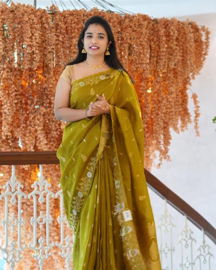 Manipuri kota  Gold and silver  Zari weaving Buttis  with Banaras Border -Mehandi Green