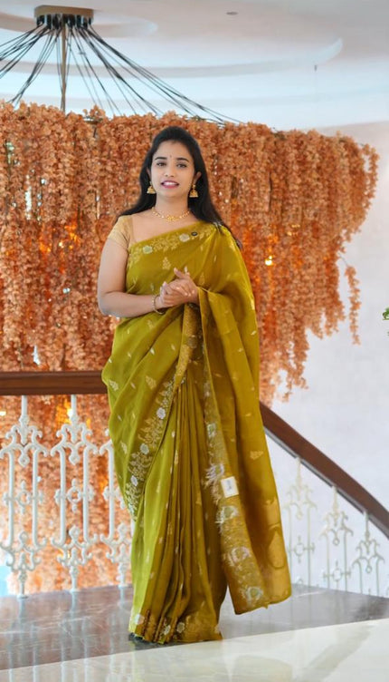 Manipuri kota  Gold and silver  Zari weaving Buttis  with Banaras Border -Mehandi Green