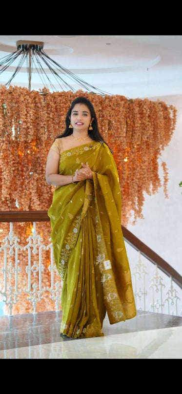 Manipuri kota  Gold and silver  Zari weaving Buttis  with Banaras Border -Mehandi Green