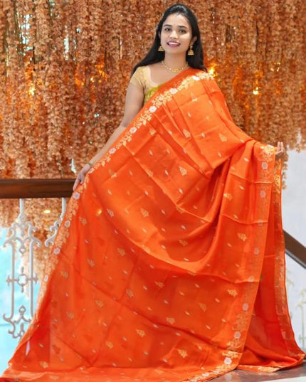 Manipuri kota  Gold and silver  Zari weaving Buttis  with Banaras Border -Orange