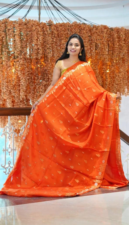 Manipuri kota  Gold and silver  Zari weaving Buttis  with Banaras Border -Orange